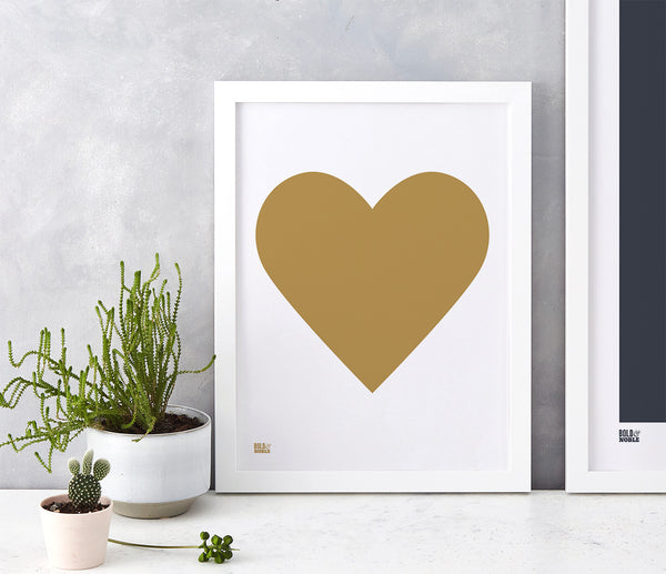 Love Heart Print, Gold on White