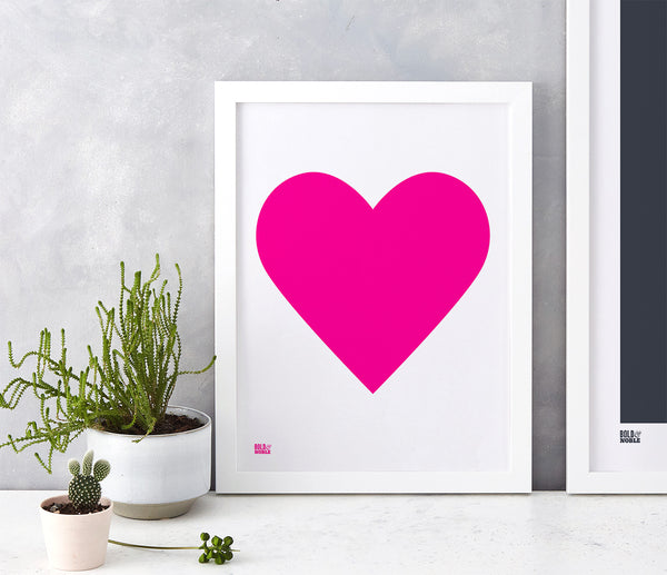 Love Heart Print, Neon Pink on White