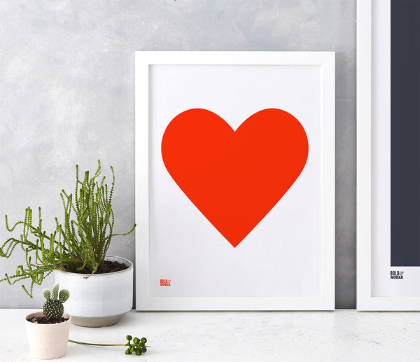 Love Heart Print, Neon Red on White