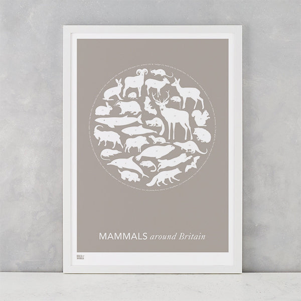 Mammals Around Britain Print in Warm Stone, screen printed on recycled paper, deliver worldwide
