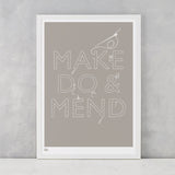 Make Do and Mend Print in Warm Stone, screen printed on recycled paper, deliver worldwide