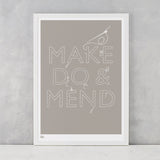Make Do and Mend Print in Warm Stone, screen printed on recycled paper, deliver worldwide