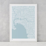 Melbourne Type Map in Duck Egg Blue, screen printed on recycled card, delivered worldwide