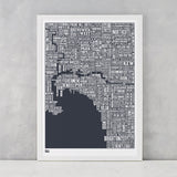 Melbourne Type Map in Sheer Slate, screen printed on recycled card, delivered worldwide