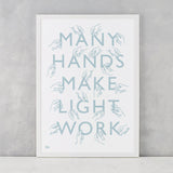 Many Hands Print in Duck Egg Blue, screen printed on recycled paper, deliver worldwide