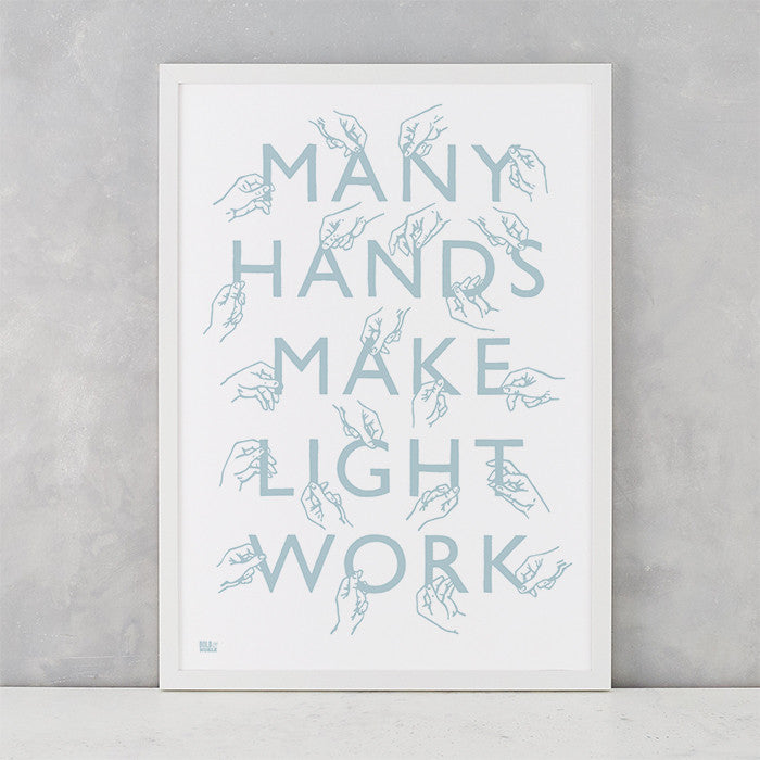 Many Hands Print in Duck Egg Blue, screen printed on recycled paper, deliver worldwide