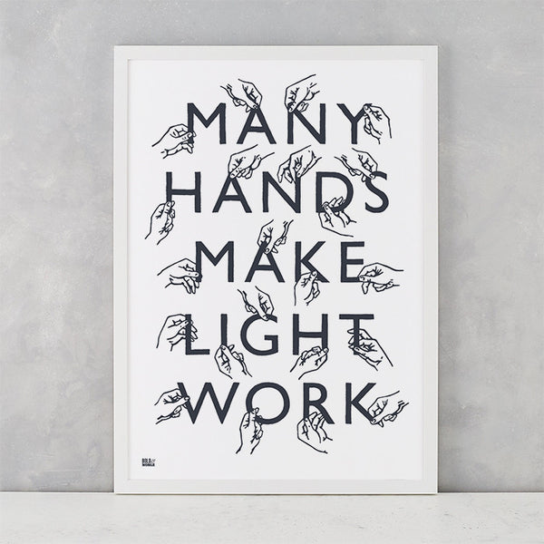 Many Hands Print in Sheer Slate, screen printed on recycled paper, deliver worldwide