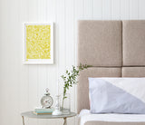 Morning Light Print in Yellow Moss, screen printed on recycled card, deliver worldwide