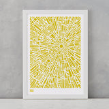 Morning Light Print in Yellow Moss, screen printed on recycled card, deliver worldwide