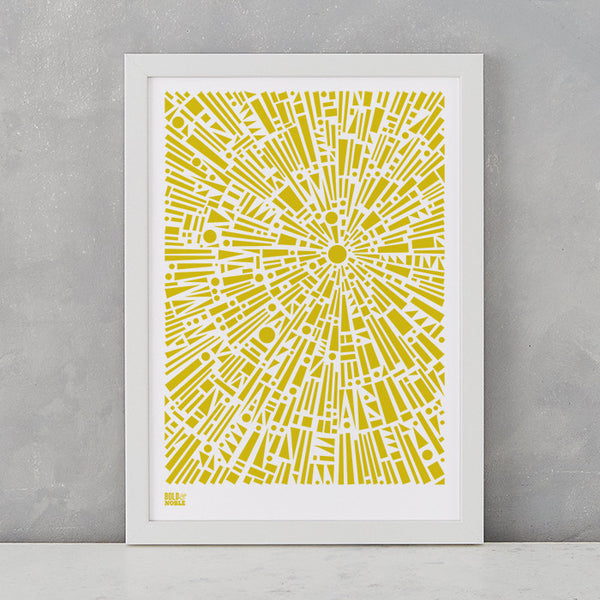 Morning Light Print in Yellow Moss, screen printed on recycled card, deliver worldwide
