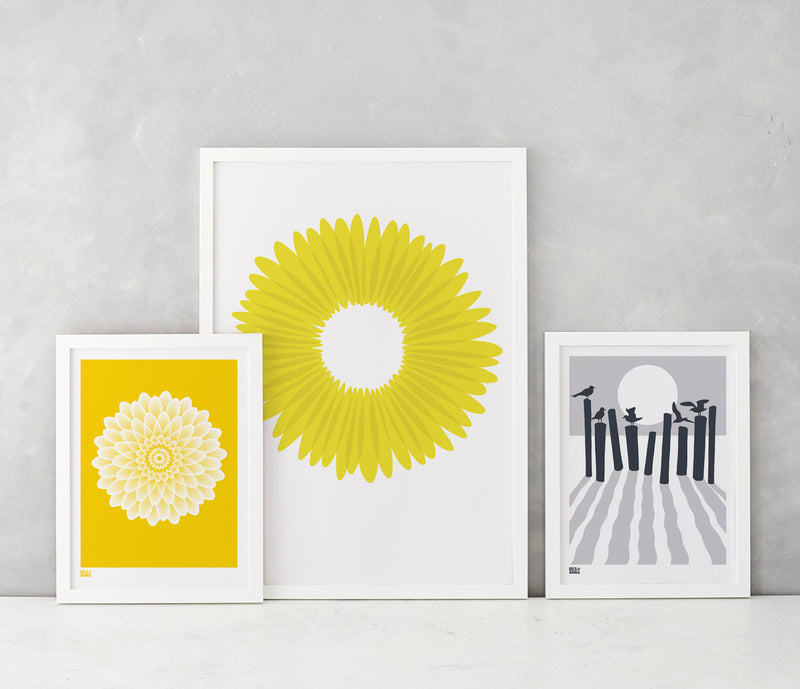 Wall Art where to start: Dahlia Waterlily, Daisy and On the Beach screen prints