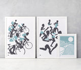 'The Cyclists' Illustrated Art Print in Coastal Blue