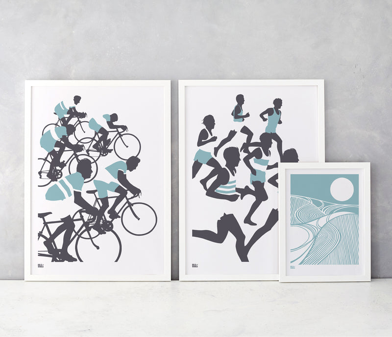 'The Runners' Illustrated Art Print in Coastal Blue