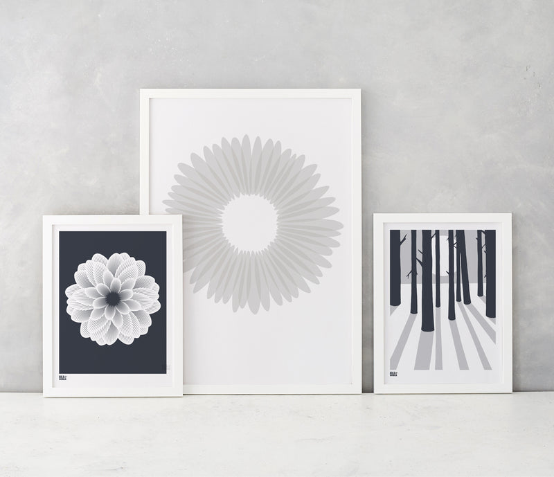 Dahlia Peony screen print in sheer slate, Daisy in warm grey, In the Woods in grey, recycled card, delivered worldwide