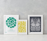 Wall art ideas, economical screen prints, leaf types in green, coming home in yellow and hydrangea in slate