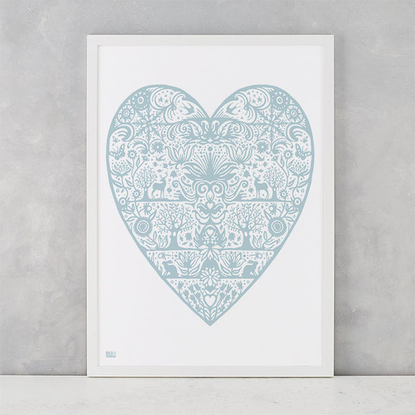 My Heart Print in Duck Egg Blue, screen printed on recycled card, deliver worldwide