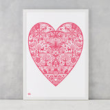 My Heart Print in Raspberry Pink, screen printed on recycled card, deliver worldwide