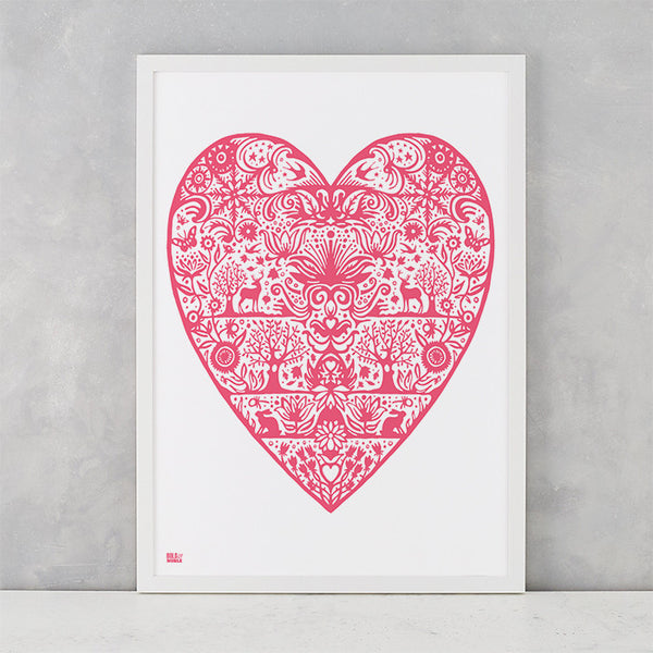 My Heart Print in Raspberry Pink, screen printed on recycled card, deliver worldwide