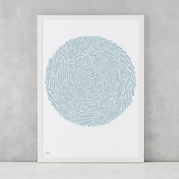 Nest Print in Duck Egg Blue, screen printed on recycled paper, delivered worldwide