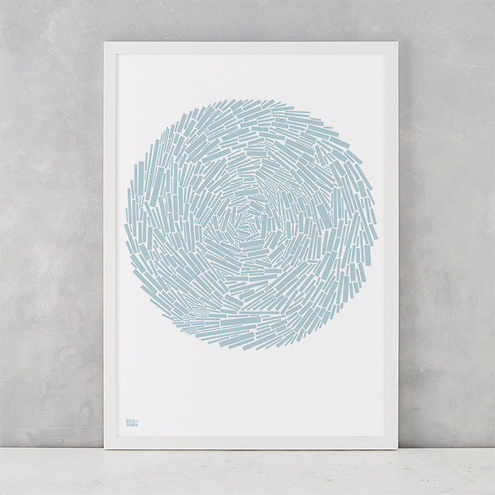 Nest Print in Duck Egg Blue, screen printed on recycled paper, delivered worldwide