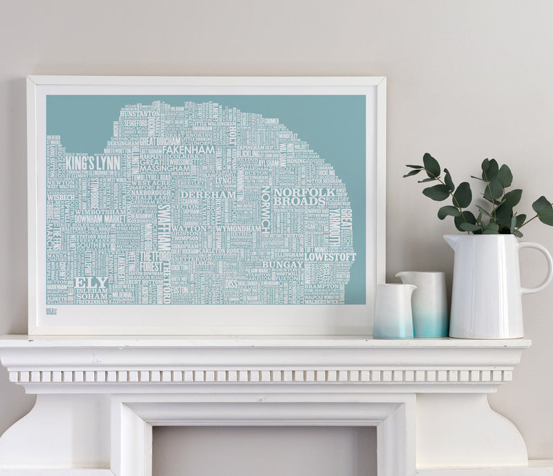 Wordle Map of Norfolk, place names created with different fonts, fits standard size frames or can be bespoke framed