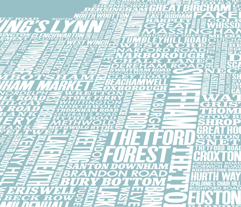Close up of Norfolk Type Map in Coastal Blue