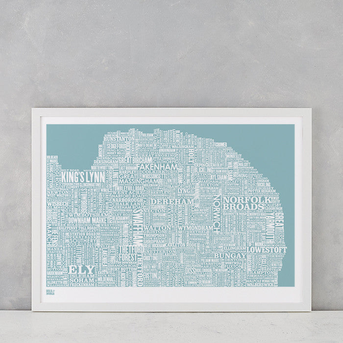 Norfolk Type Map in Coastal Blue, screen printed onto recycled card, deliver worldwide