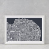 Norfolk Type Map in Slate Dark Grey, screen printed onto recycled card, deliver worldwide