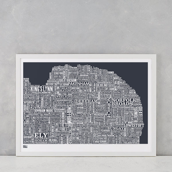 Norfolk Type Map in Slate Dark Grey, screen printed onto recycled card, deliver worldwide