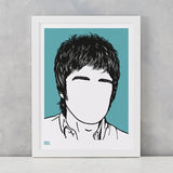 Noel Gallagher Screen Print in blue, screen printed on recycled paper, deliver worldwide