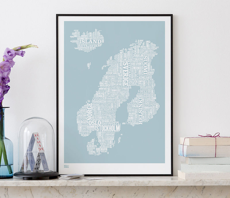 'Nordic Europe' Type Map Print in Duck Egg Blue