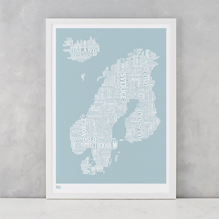 'Nordic Europe' Type Map Print in Duck Egg Blue