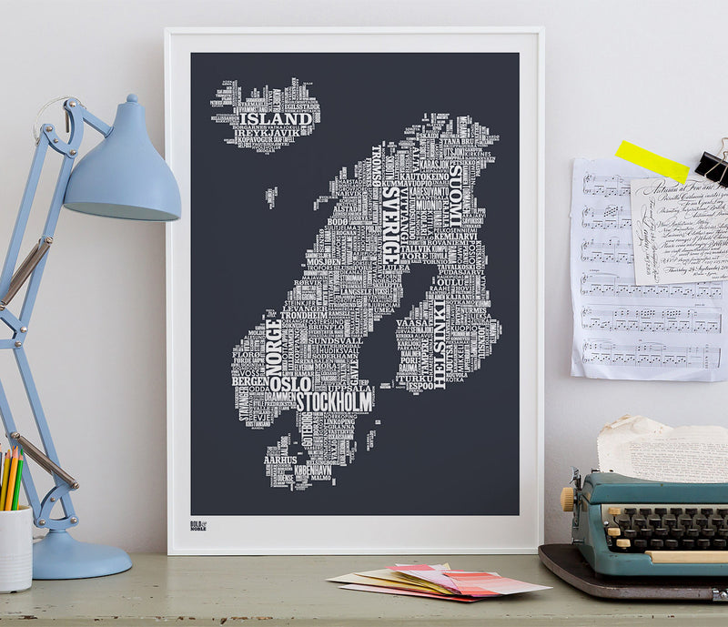 'Nordic Europe' Type Map Print in Sheer Slate