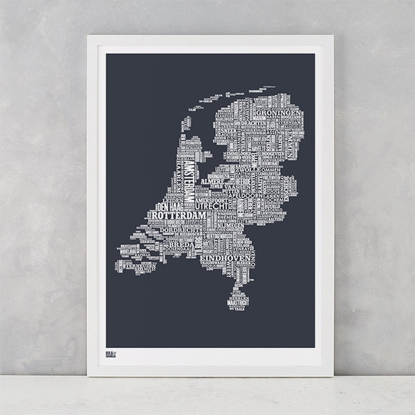 Netherlands Type Map in Sheer Slate, screen printed on recycled card, delivered worldwide