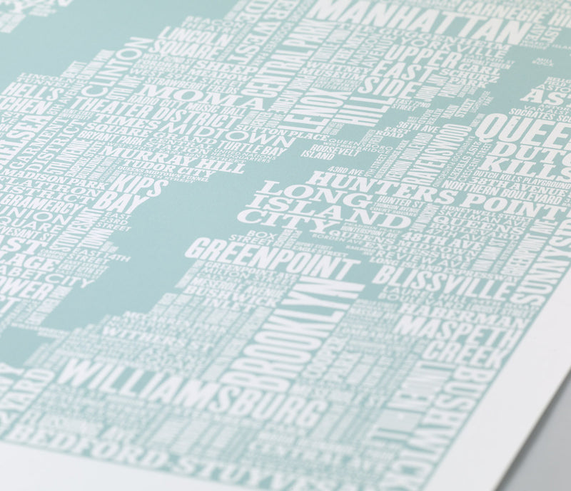Close up of NYC Type Map screen print in duck egg blue