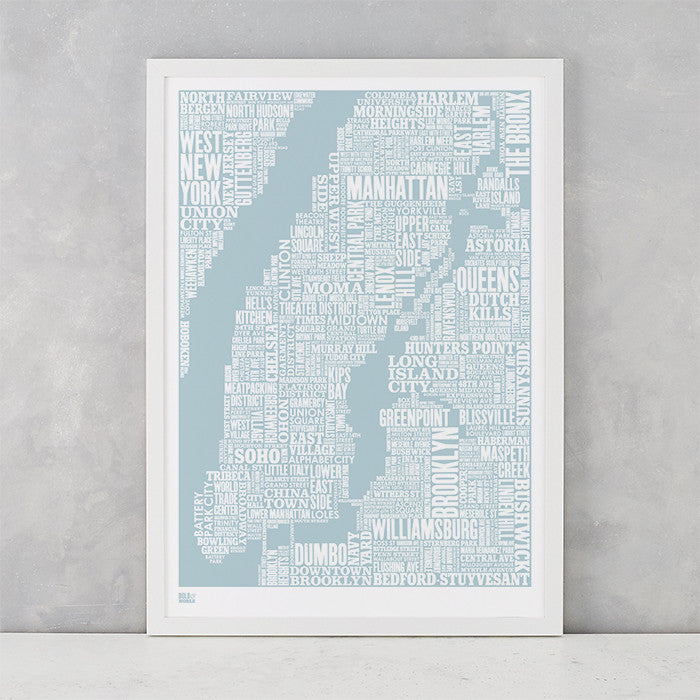 NYC Type Map screen print in duck egg blue, screen printed on recycled card, delivered worldwide