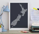 Wall Art ideas: Economical Screen Prints, New Zealand Type Map Screen Print in sheer slate