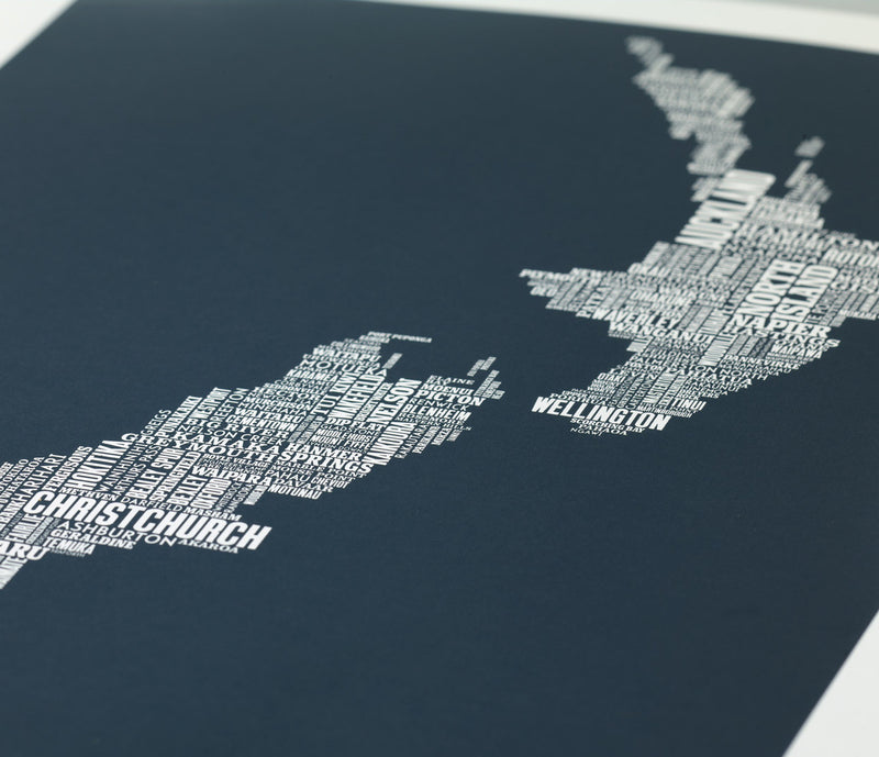 Close Up of New Zealand Type Map Print in sheer slate