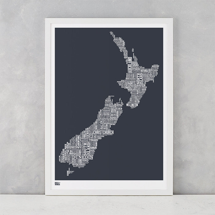New Zealand Type Map Screen Print in sheer slate, screen printed on recycled card, deliver worldwide