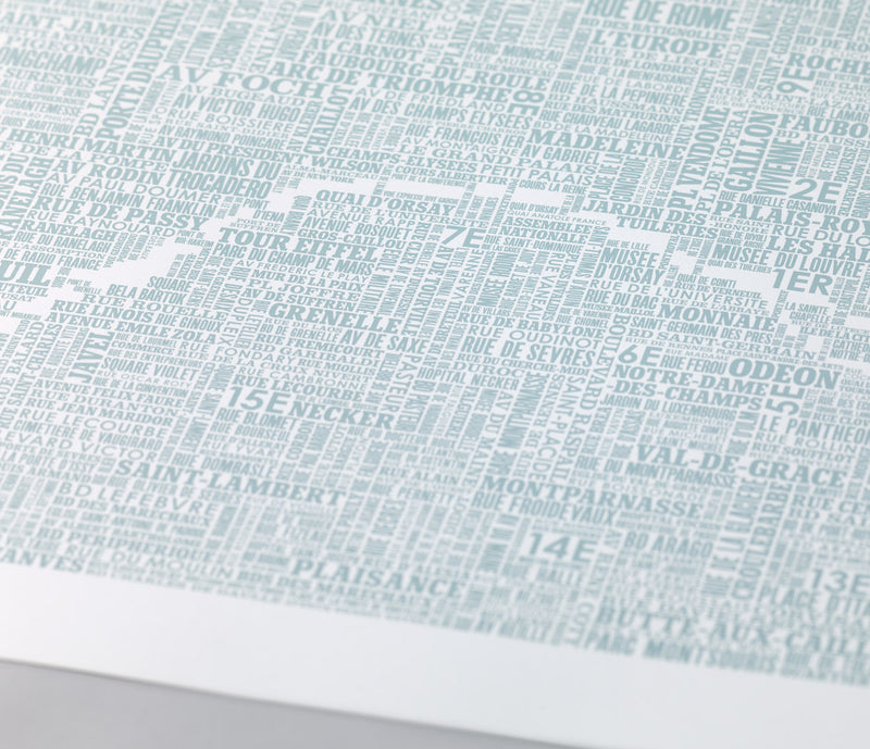 'Paris' Type Map Print in Duck Egg Blue