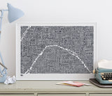 Wordle Map of Paris, place names created with different fonts, fits into standard size frames or can be bespoke framed