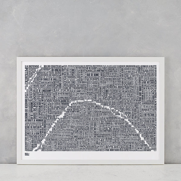 Paris Type Map in Slate Dark Grey, Screen Printed in the UK, deliver worldwide