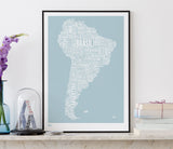 'South America' Type Map Print in Duck Egg Blue