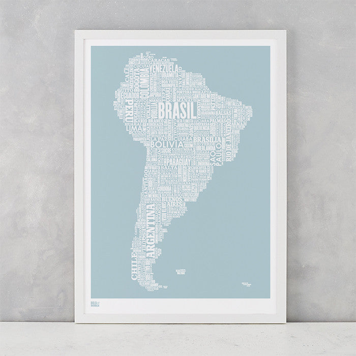 'South America' Type Map Print in Duck Egg Blue