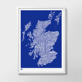 Wordle Map of Scotland , place names created with different fonts, fits into standard size frames or can be bespoke framed
