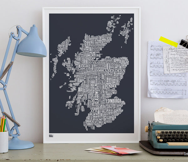 Wordle Map of Scotland , place names created with different fonts, fits into standard size frames or can be bespoke framed