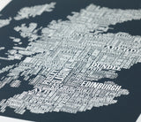 Close up of Scotland Type Map in Dark Grey