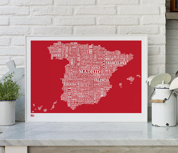'Spain' Type Map Print in Poppy Red