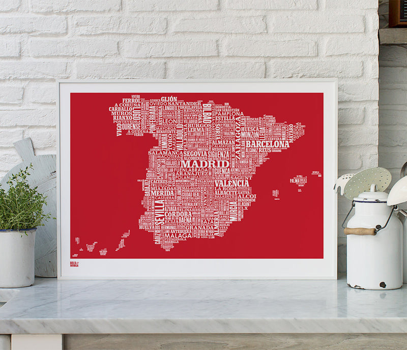 'Spain' Type Map Print in Poppy Red