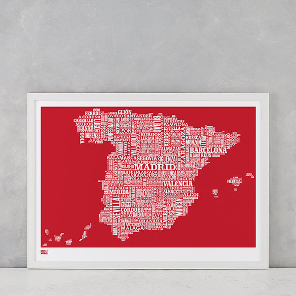 'Spain' Type Map Print in Poppy Red